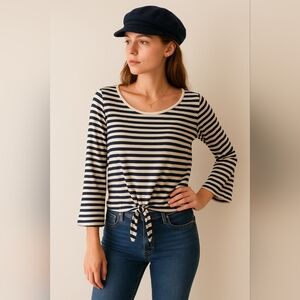 J.Crew Women’s Navy Cream Striped Tie‎ Front Flare Sleeve Top Size M